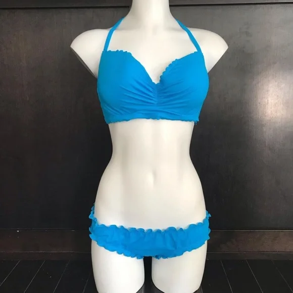 SunDazed 34 DD Bra cup solid turquoise blue underwire top set shirred ruffled - Picture 3 of 11